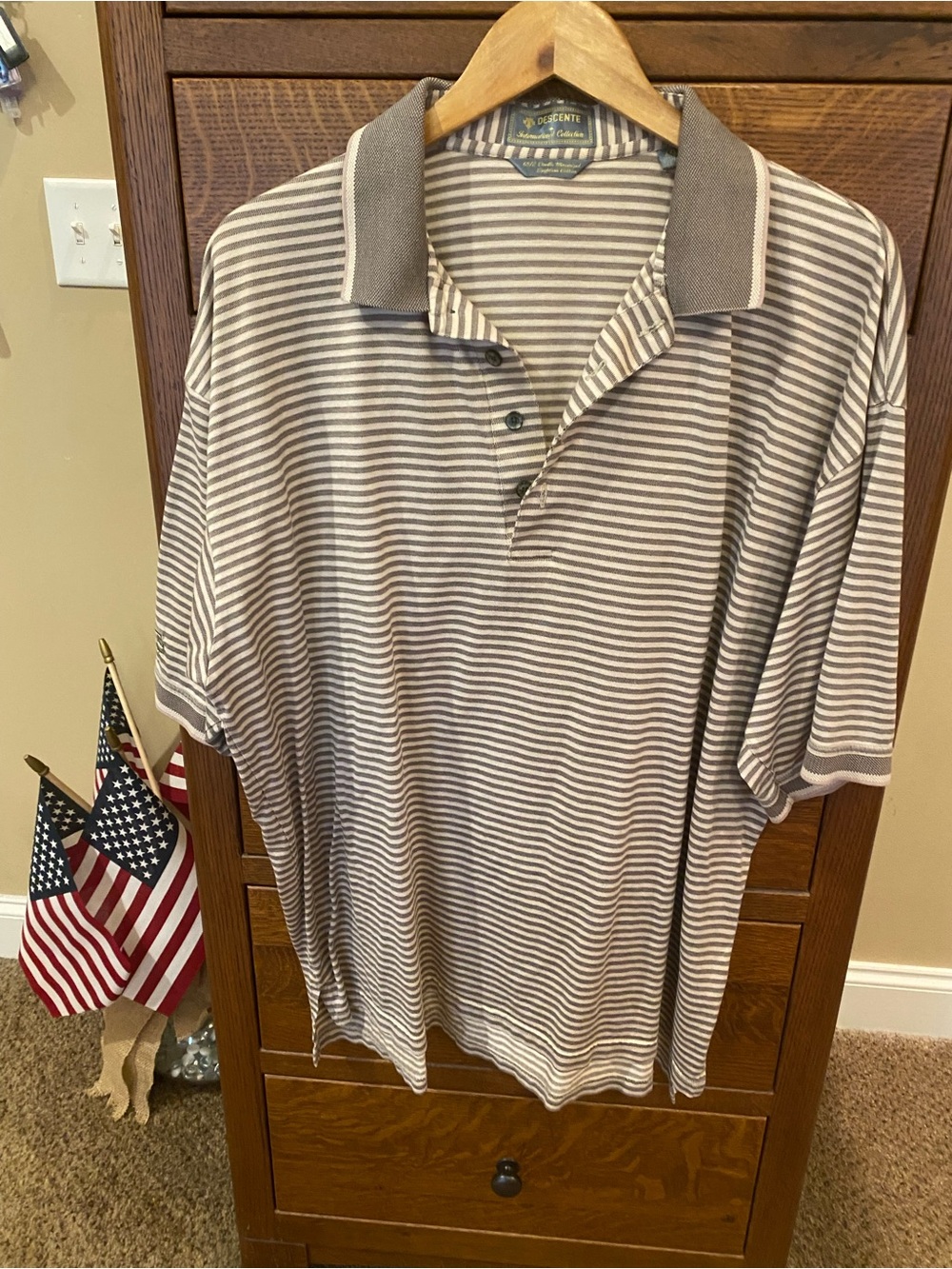 Descente Men's Striped Polo in Taupe and White